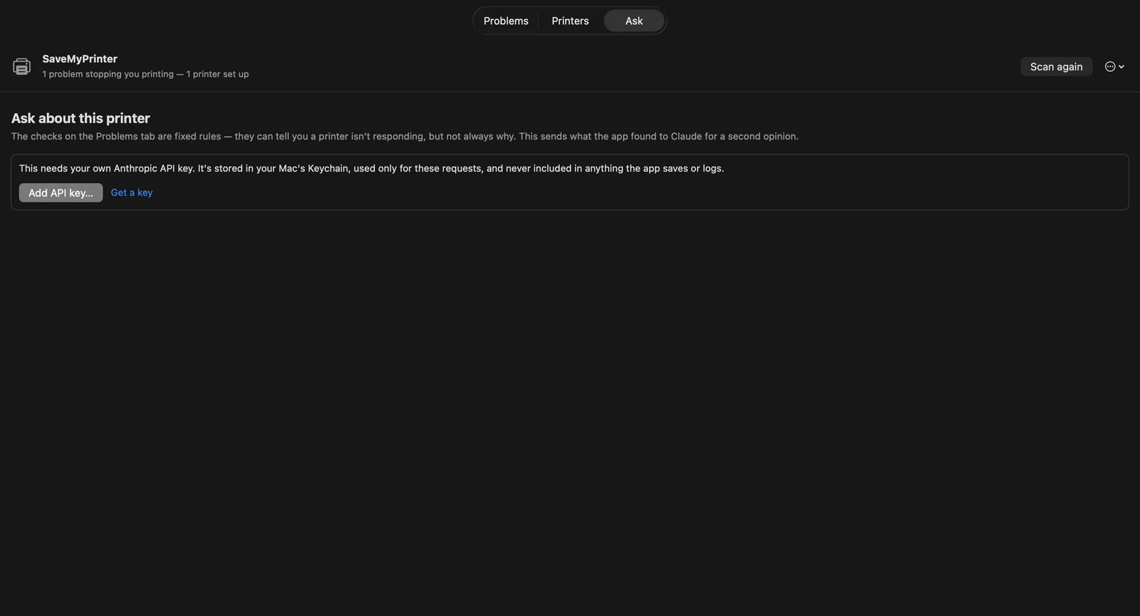 Ask tab offering a second opinion from Claude using your own API key