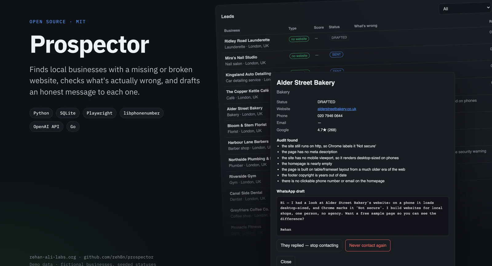 Prospector, an open source tool that finds local businesses with a missing or broken website