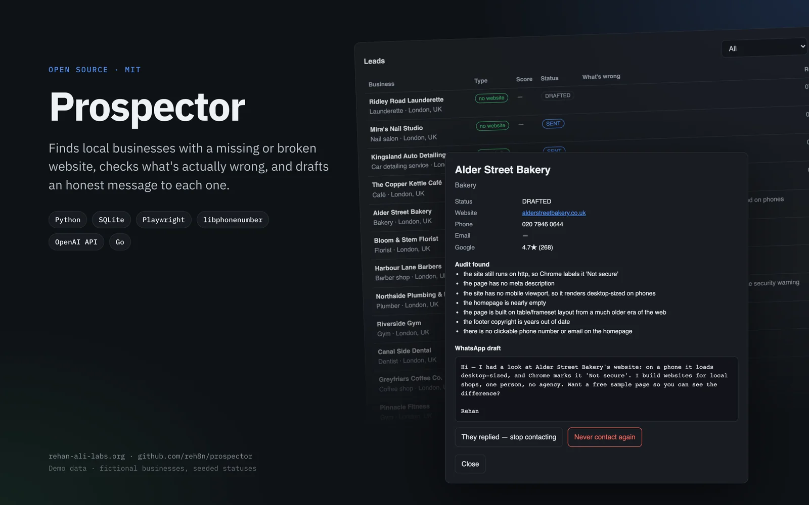 Prospector, an open source tool that finds local businesses with a missing or broken website