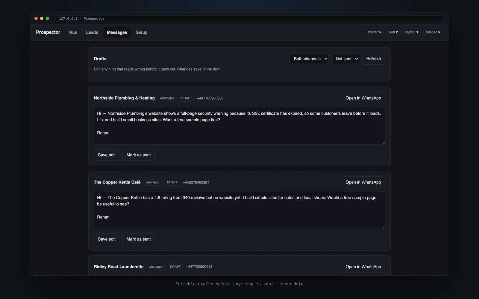 Drafts stay editable before anything is sent.